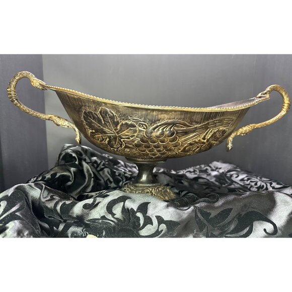 Vintage Brass Table Centerpiece Bowl Pedestal Embossed Fruit with Handles 16" L - Picture 1 of 14